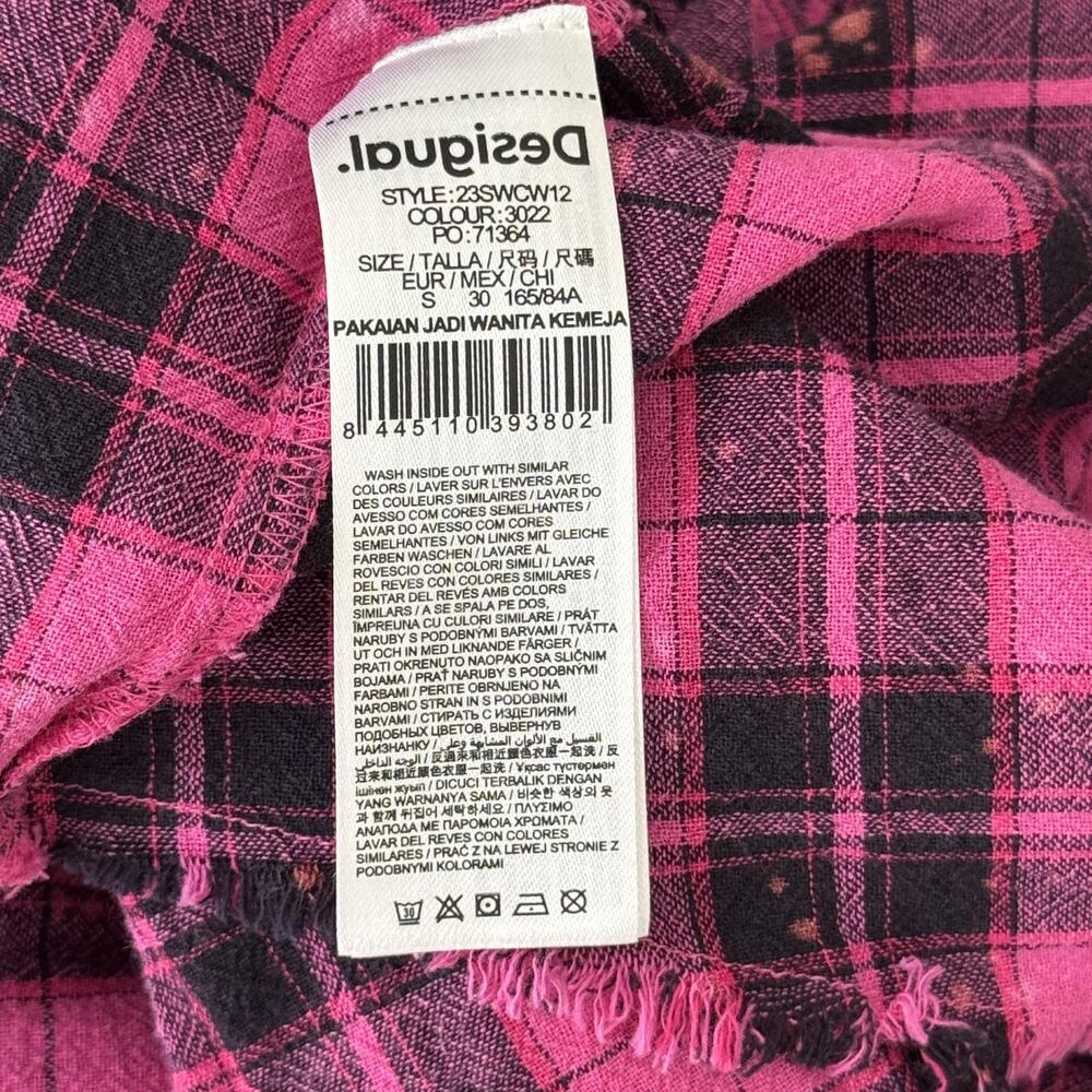 Desigual Shirt Womens Small Plaid Studded Flannel Graphic Patch Grunge Pink - Picture 5 of 14